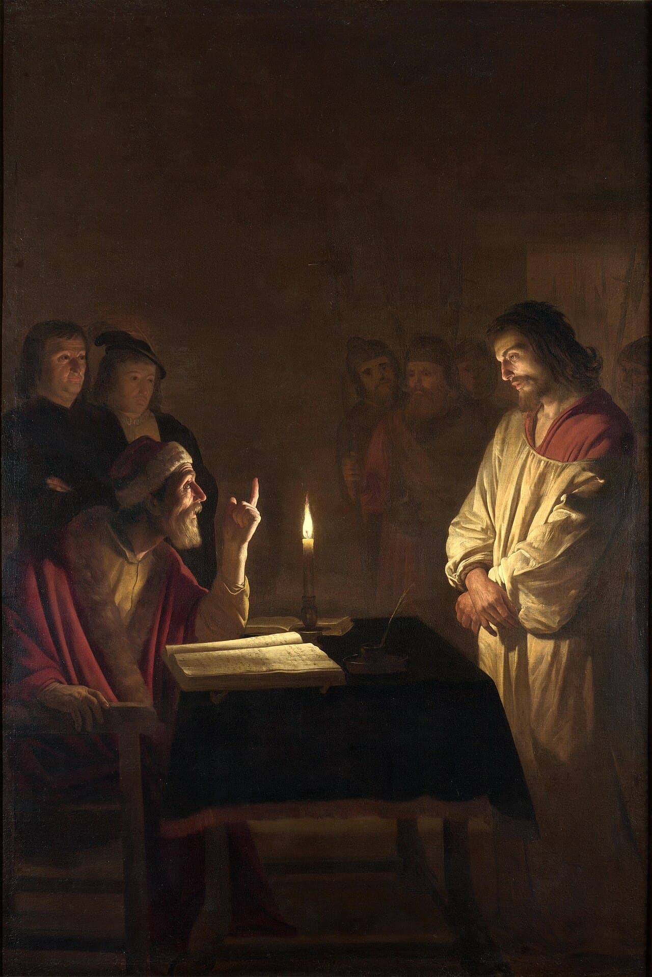 Gerrit van Honthorst, Chrystus przed arcykapłanem (ok. 1617) - oskarżony stoi w milczeniu, gdy arcykapłan zadaje pytania przy świecy
