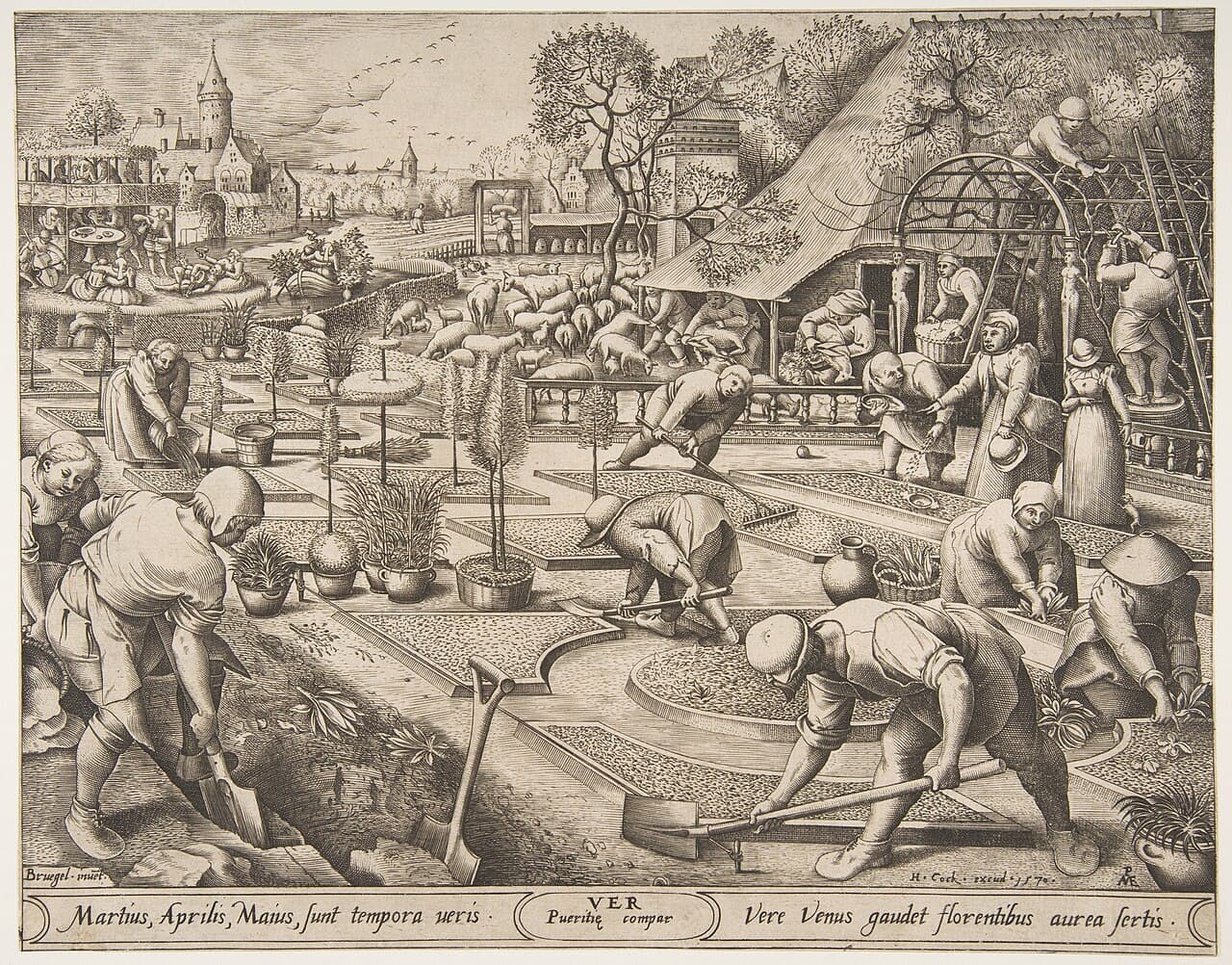 Pieter van der Heyden według Pietera Bruegla starszego, Wiosna (Ver) z cyklu Pory roku, 1570, sztych - rozległy widok zakładania formalnego ogrodu: na pierwszym planie ludzie kopią i obsadzają prostokątne grządki, inni przycinają, strzygą i prowadzą rozrośnięte krzewy i drzewka, nadając rabatom geometryczny kształt; w głębi strzyżenie owiec, a jeszcze dalej eleganckie towarzystwo biesiaduje w ogrodowej altanie